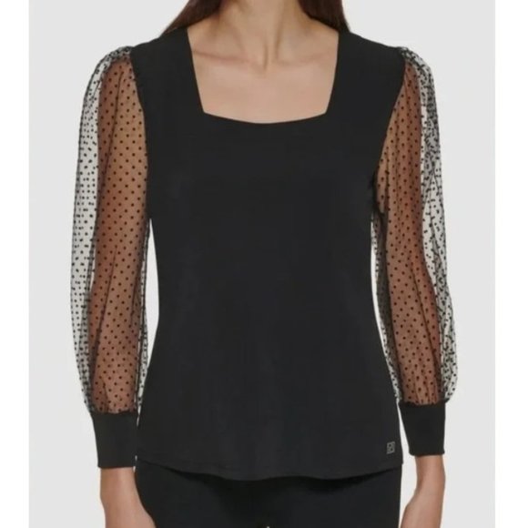 NWT Calvin Klein Black Long Sleeve Sheer Mesh Polka Dot Blouse Size M - Picture 1 of 9